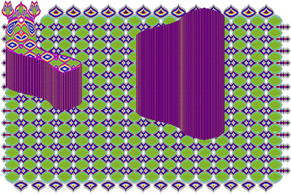 An abstract digital image of two ambiguous different-sized objects against a patterned background in green and purple tones. The smaller object is L-shaped with curved edges, located in the upper left corner of the image, and has three antenna-like extensions. The bigger object is located in the upper-right part of the image, is trapezoid-shaped with curved edges, and purple with dotted vertical lines. The background consists of a set of diamond and oval shapes in different sizes arranged in repeating pattern.