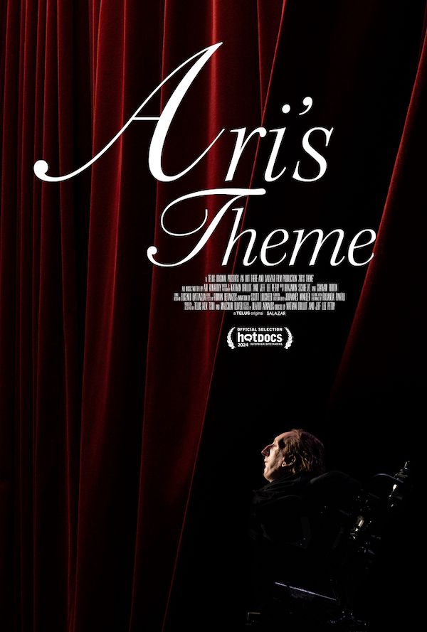 Poster for the documentary Ari's Theme. An image of composer Ari Kinarthy in front of a red curtain with the film credits in white text.