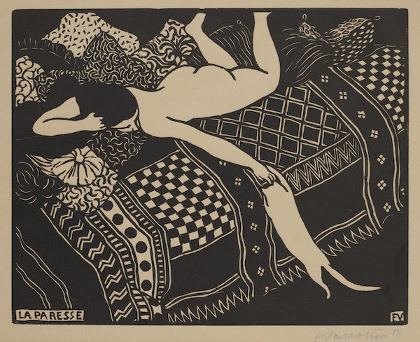 Woodcut print in black and white of a female figure lying in bed and playing with a cat.