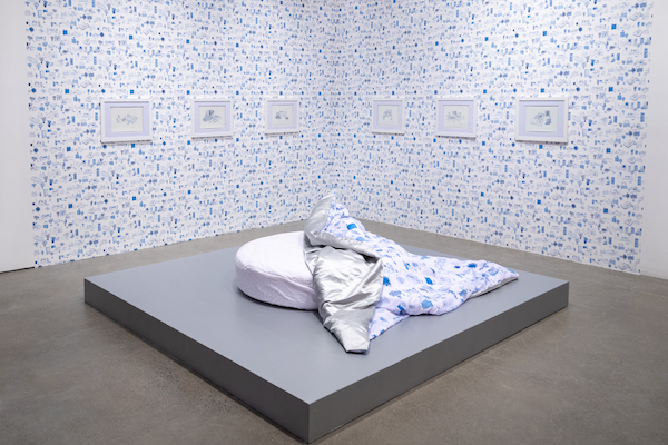 Installation view of the 2024 group exhibition De la vie au lit at Galerie de l'UQAM in Montreal.