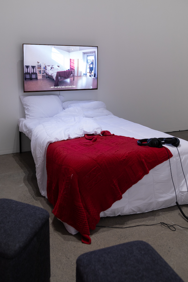 Installation view of the 2024 group exhibition De la vie au lit at Galerie de l'UQAM in Montreal.