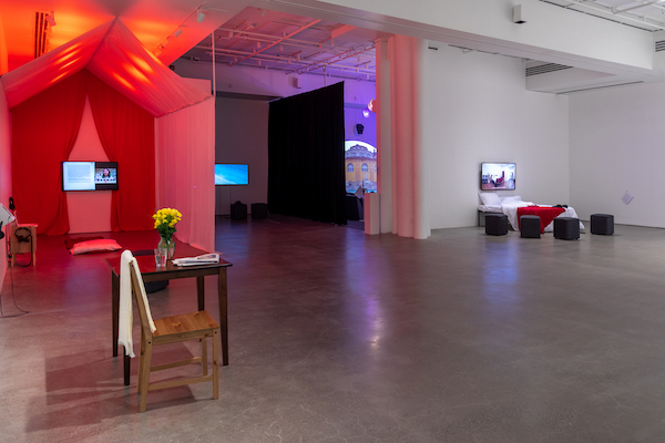 Installation view of the 2024 group exhibition De la vie au lit at Galerie de l'UQAM in Montreal.
