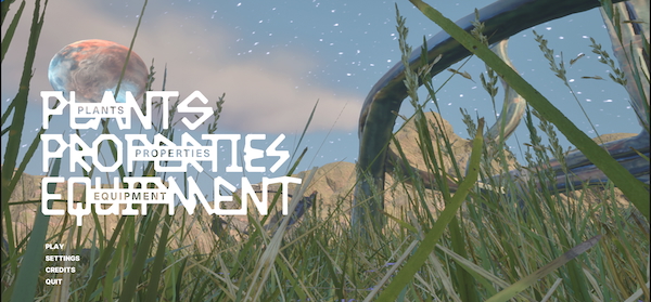 Screenshot of the menu from the virtual world of Plants Properties Equipment. Looking up through tall grass at a stone monolith and cliff wall beyond, outlined by a blue sky with stars. On the left of the screen is the logo Plants Properties Equipment in a white angular letters and the keys for “play, settings, credits, and quit”.