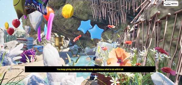 Screenshot of video game, inside a watery grotto tended to by an arcane being whose voice reads in subtitles saying, “You keep giving this stuff to me. I really don’t know what to do with it all.” The space is full of flowers, crystals balloons, and its walls are lined with hundreds of canes and crutches.