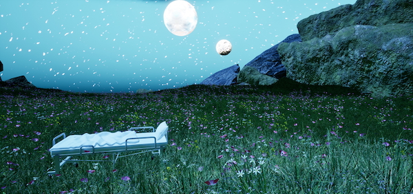 Screenshot from Plants Properties Equipment, an open starry night sky in an alpine meadow with a two giant planets looming above. In the middle of the meadow is an old style hospital bed, with white sheets and metal railings.