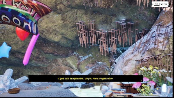 Screenshot of video game, from inside a watery grotto. The stone walls are lined with dozens of crutches and canes, recalling, the corner of ao “Get well soon” balloon shows on the left, there are piles of meds, books, candles and massive crystals. 
