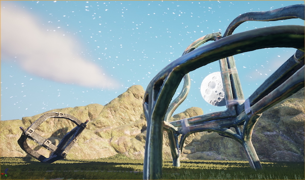 Screenshot from Plants Properties Equipment in grasslands area. It is day time and there are still stars in the sky and a massive moon or some kind of planet in the middle of the sky. Looking up toward the sky from underneath a green stone monolith the size of a three story building, held together with tape. To the left is a brown triangular monolith near a cliff wall.