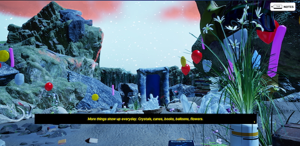 Screenshot of video game Plants Properties Equipment, it is dusk with pink clouds in a darkening blue sky in an enclosed rocky grotto area. The space is littered with giant stacks of books, flowers, bones, crystals shipping boxes, balloons. The subtitles read “More things show up everyday. Crystals, canes, books, balloons, flowers.” A grey and blue post and lintel style archway is in the distance, suggesting an exit from the grotto.