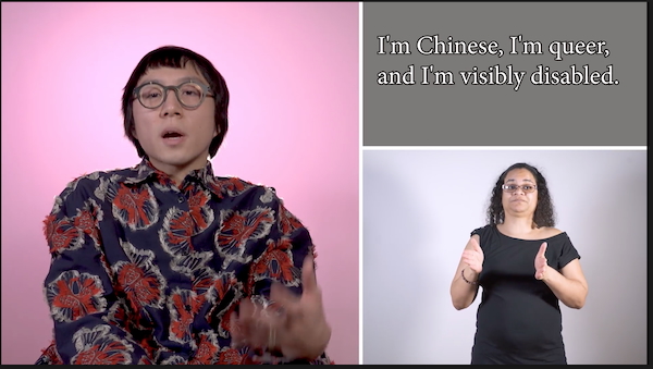 A video still featuring a portrait of the arts professional Sean Lee on the left, and written text above an ASL interpreter on the right.