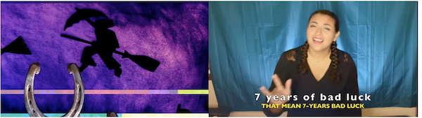 A video still featuring a purple animation on the left and an ASL interpreter on the right.