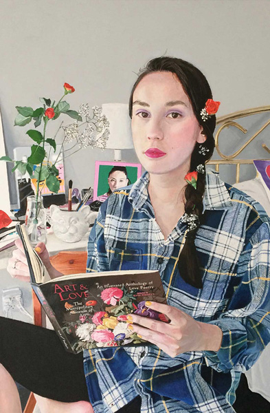 A portrait by Atleigh Homma of a woman with braided hair with flowers in it holding a book.
