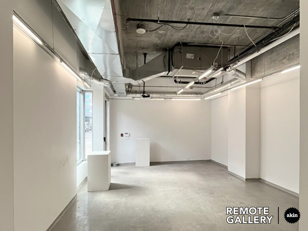Interior of Gallery B: bright space with white walls, natural light from left windows, two plinths and perimeter lighting.