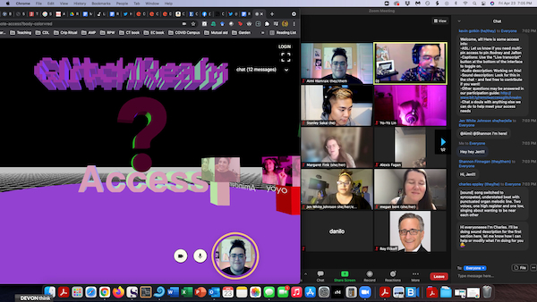 A computer screen displaying the main page and online participants for the remote access party GlitchRealm, 2021.