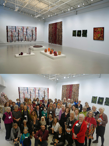 World of Threads Festival exhibition “Amorphous” with artwork that all burst of the surface of the walls. Also a photo showing a crowd of curators and artists from around the world in the gallery space.