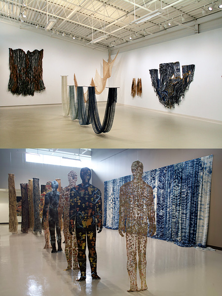 World of Threads Festival exhibition “Flow” with artwork that all flowed like natural elements. Second image large-scale installations featuring bodies and a giant waterfall.