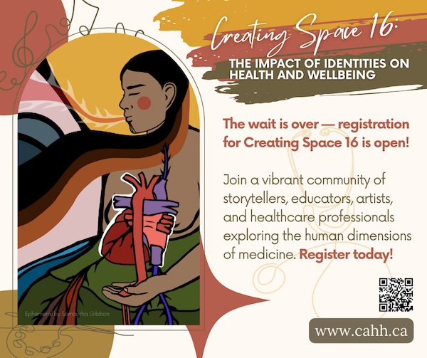The poster for the Creating Space 16 conference includes, on the left, a colour drawing of a figure holding a heart, and, on the right, text explaining how people can register for the conference.