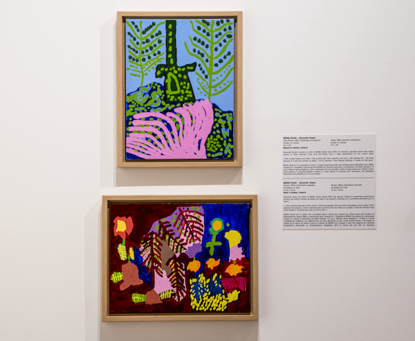 Two paintings by Alexander Stuber hang vertically on a white gallery wall, with a wall label to the right. The upper work shows a stylized green tree form against a blue background, while the lower painting features brightly coloured abstract plants and trees in red, blue, pink, and yellow.