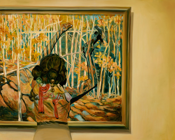 Painting of a person hammering a nail into a wall as an image of a painting is projected onto their back and the wall in front of them.