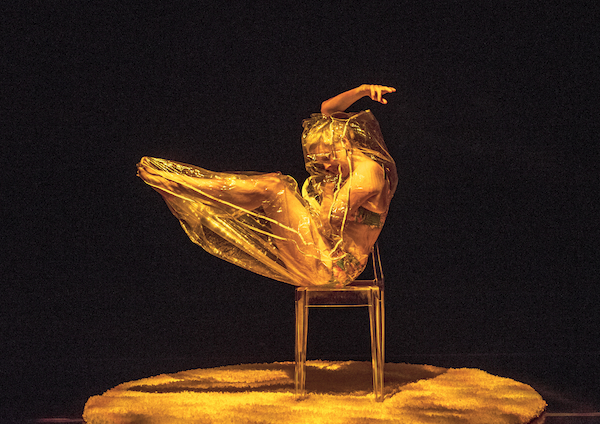 Sara Porter is balanced on a chair and encased in a clear plastic bag.
