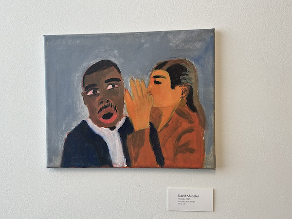 A painting of one person whispering into the ear of another who has a shocked expression.