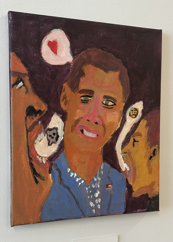 A painting of one person squeezed between two shouting faces. There is a speech bubble above the middle person's head with a heart in it.