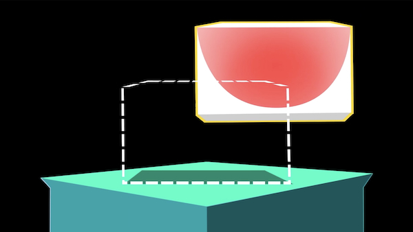 A computer graphic featuring a green box at the bottom, a dotted outline of a rectangle on top of it, and a white and red shape to the upper right.
