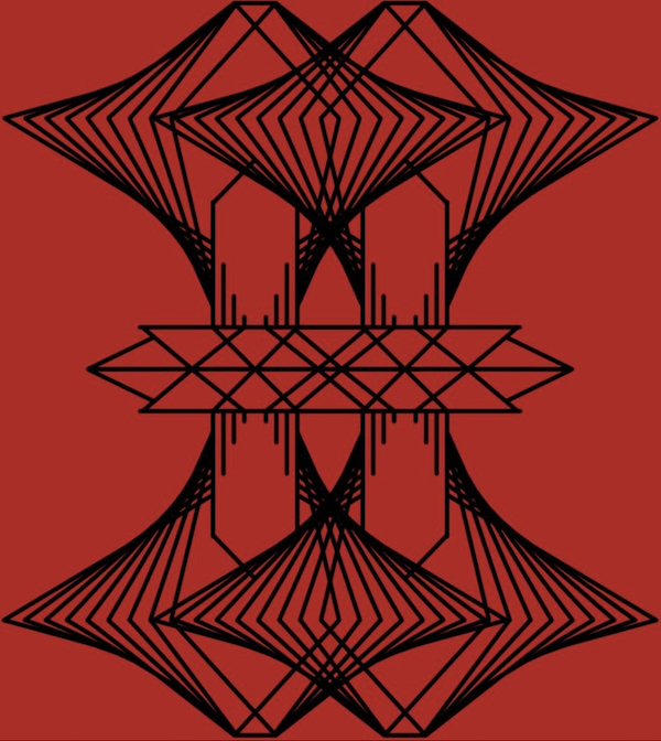 A computer graphic of a complex geometric pattern in black lines on a red background.