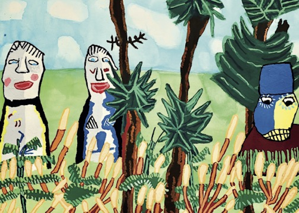 A colourful painting of three figures in a forest.