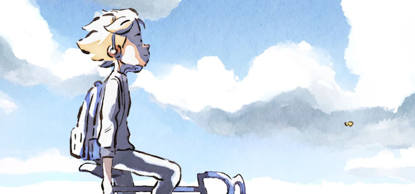 A still from the animated short film Iron Boy depicts a young boy riding his bicycle without holding the handle bars.